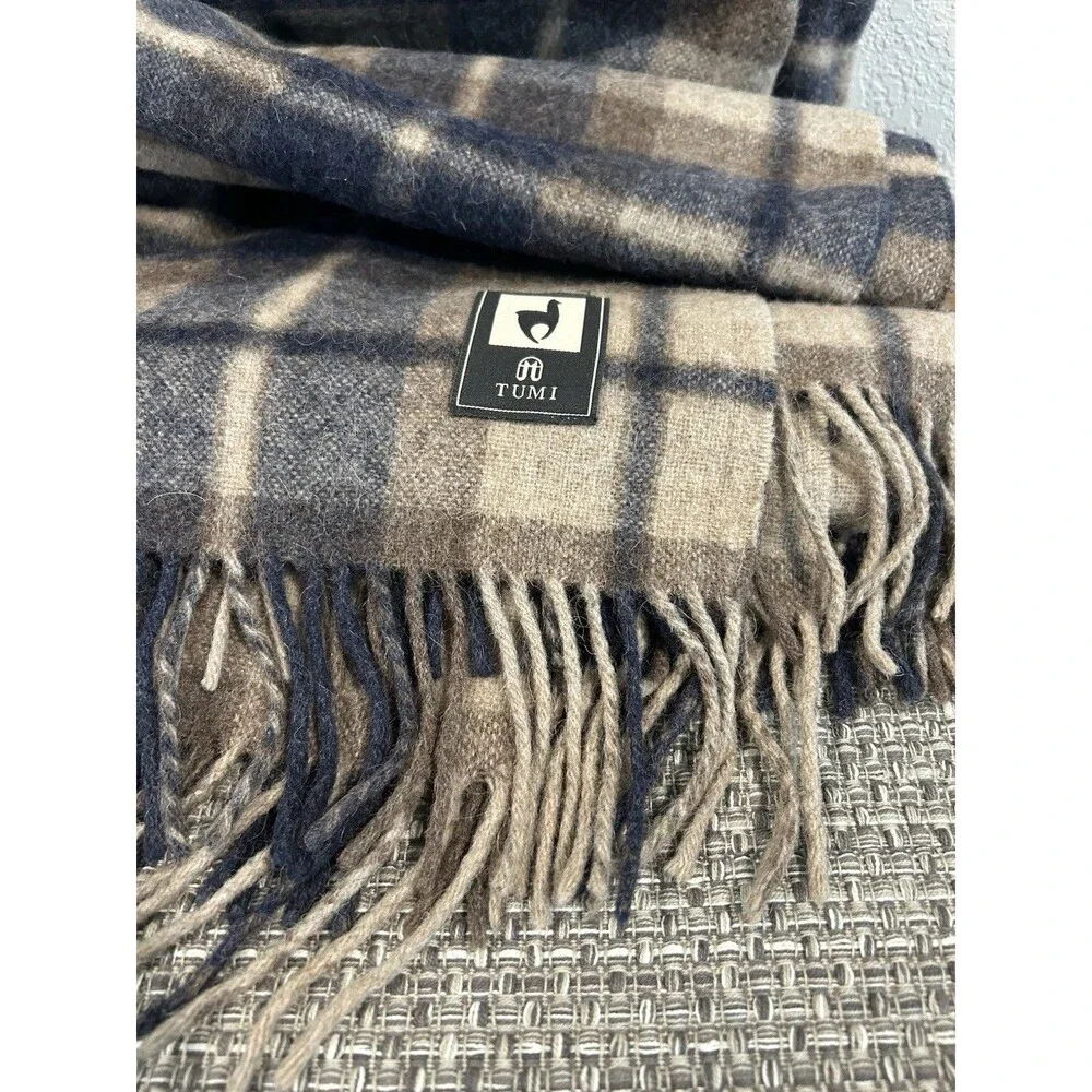 Tumi Superfine Alpaca Plaid Blanket Handcrafted Brown Blue Handcrafted 78x 60